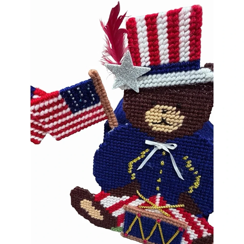 Vintage Handmade Patriotic Teddy Bear Tissue Box Cover USA Flag 4th of July